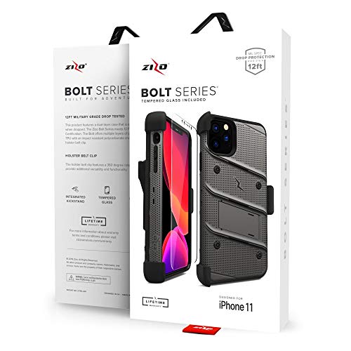 ZIZO Bolt Series iPhone 11 Pro Case - Heavy-Duty Military-Grade Drop Protection w/Kickstand Included Belt Clip Holster Tempered Glass Lanyard - Gun Metal Gray