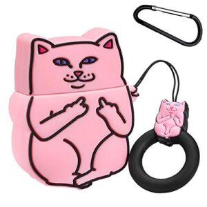 joyleop(pink finger cat)compatible with airpods 1/ 2 case cover,3d cute cartoon animal funny fun cool kawaii fashion,silicone airpod character skin keychain ring,girls boys teens,case for air pods 1&2