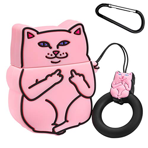 Joyleop(Pink Finger Cat)Compatible with Airpods 1/ 2 Case Cover,3D Cute Cartoon Animal Funny Fun Cool Kawaii Fashion,Silicone Airpod Character Skin Keychain Ring,Girls Boys Teens,Case for Air pods 1&2