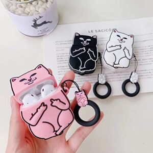 Joyleop(Pink Finger Cat)Compatible with Airpods 1/ 2 Case Cover,3D Cute Cartoon Animal Funny Fun Cool Kawaii Fashion,Silicone Airpod Character Skin Keychain Ring,Girls Boys Teens,Case for Air pods 1&2