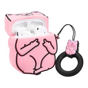 Joyleop(Pink Finger Cat)Compatible with Airpods 1/ 2 Case Cover,3D Cute Cartoon Animal Funny Fun Cool Kawaii Fashion,Silicone Airpod Character Skin Keychain Ring,Girls Boys Teens,Case for Air pods 1&2