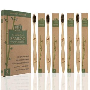 Biodegradable Eco-Friendly Natural Bamboo Charcoal Toothbrushes - Pack of 4 - Numbered - Charcoal Infused Bristles