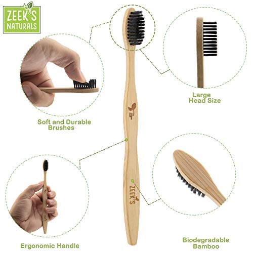 Biodegradable Eco-Friendly Natural Bamboo Charcoal Toothbrushes - Pack of 4 - Numbered - Charcoal Infused Bristles