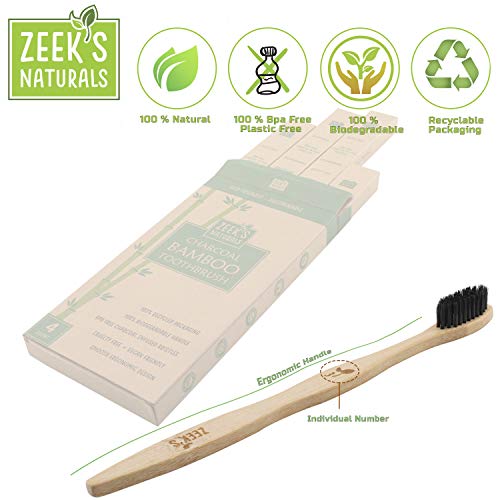 Biodegradable Eco-Friendly Natural Bamboo Charcoal Toothbrushes - Pack of 4 - Numbered - Charcoal Infused Bristles