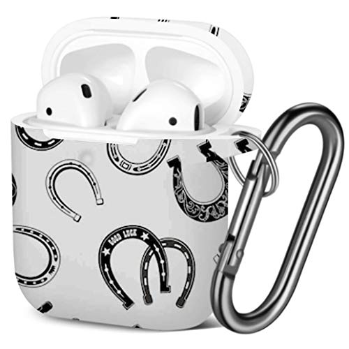 [ Compatible with AirPods 2 and 1 ] Shockproof Soft TPU Gel Case Cover with Keychain Carabiner for Apple AirPods (Horse Shoe Icon)