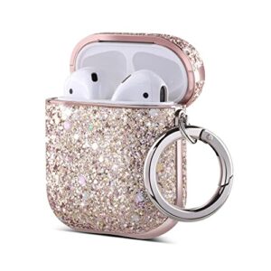 ulak glitter case for airpods 1 & 2, stylish design airpods case cover for women girls, luxury bling sparkle leather airpod case 2nd generation shockproof protective cover with keychain, rose gold