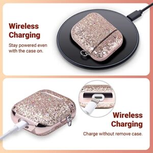 ULAK Glitter Case for AirPods 1 & 2, Stylish Design AirPods Case Cover for Women Girls, Luxury Bling Sparkle Leather Airpod case 2nd Generation Shockproof Protective Cover with Keychain, Rose Gold