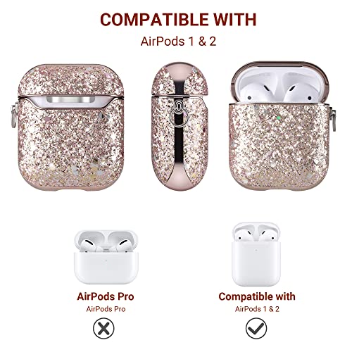 ULAK Glitter Case for AirPods 1 & 2, Stylish Design AirPods Case Cover for Women Girls, Luxury Bling Sparkle Leather Airpod case 2nd Generation Shockproof Protective Cover with Keychain, Rose Gold