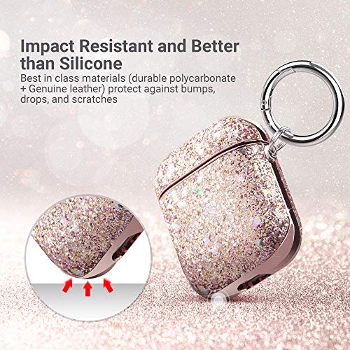 ULAK Glitter Case for AirPods 1 & 2, Stylish Design AirPods Case Cover for Women Girls, Luxury Bling Sparkle Leather Airpod case 2nd Generation Shockproof Protective Cover with Keychain, Rose Gold