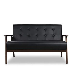 jiasting mid-century modern solid loveseat sofa upholstered faux leather couch 2-seat wood armchair living room/outdoor lounge chair,50”w black