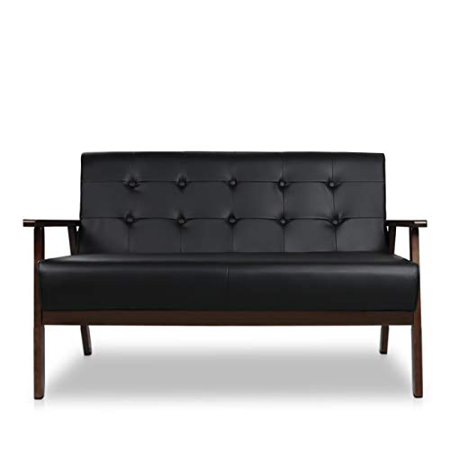 JIASTING Mid-Century Modern Solid Loveseat Sofa Upholstered Faux Leather Couch 2-Seat Wood Armchair Living Room/Outdoor Lounge Chair,50”W Black