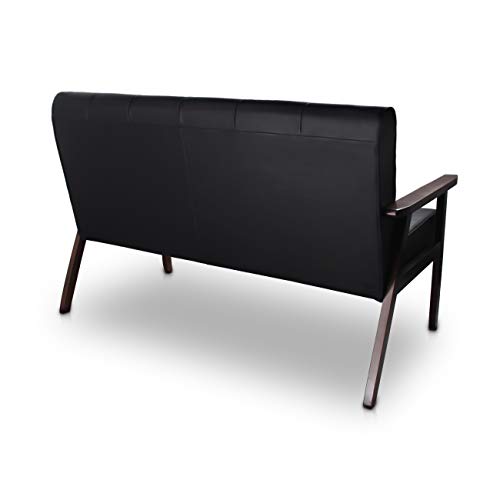 JIASTING Mid-Century Modern Solid Loveseat Sofa Upholstered Faux Leather Couch 2-Seat Wood Armchair Living Room/Outdoor Lounge Chair,50”W Black