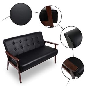 JIASTING Mid-Century Modern Solid Loveseat Sofa Upholstered Faux Leather Couch 2-Seat Wood Armchair Living Room/Outdoor Lounge Chair,50”W Black