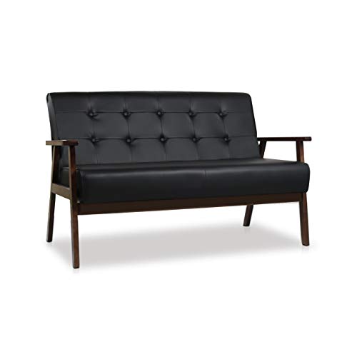 JIASTING Mid-Century Modern Solid Loveseat Sofa Upholstered Faux Leather Couch 2-Seat Wood Armchair Living Room/Outdoor Lounge Chair,50”W Black