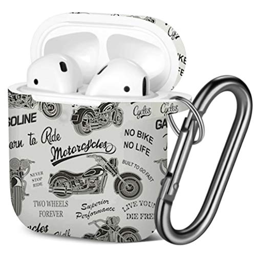 [ Compatible with AirPods 2 and 1 ] Shockproof Soft TPU Gel Case Cover with Keychain Carabiner for Apple AirPods (Motorcycle Silhouette)