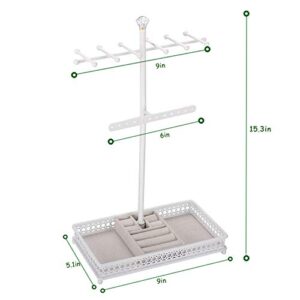 Meangood Jewelry Tree Stand Organizer 3in1 Necklace Organizer Display Bracelet Earrings and Ring Tray Jewelry Holder Hanger Metal（White）