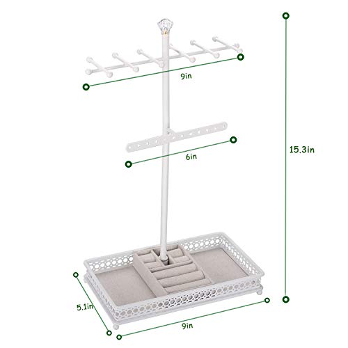 Meangood Jewelry Tree Stand Organizer 3in1 Necklace Organizer Display Bracelet Earrings and Ring Tray Jewelry Holder Hanger Metal（White）