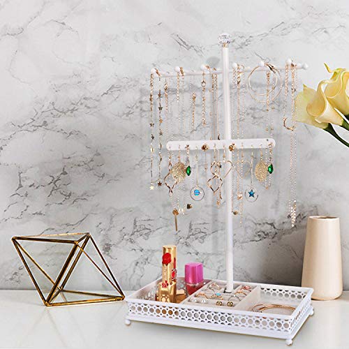 Meangood Jewelry Tree Stand Organizer 3in1 Necklace Organizer Display Bracelet Earrings and Ring Tray Jewelry Holder Hanger Metal（White）