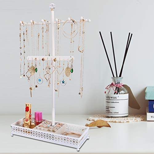 Meangood Jewelry Tree Stand Organizer 3in1 Necklace Organizer Display Bracelet Earrings and Ring Tray Jewelry Holder Hanger Metal（White）