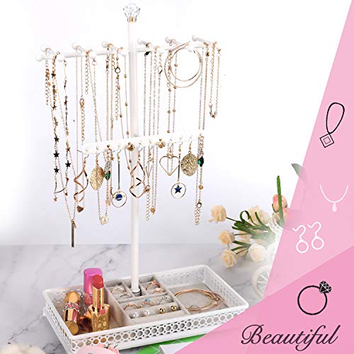 Meangood Jewelry Tree Stand Organizer 3in1 Necklace Organizer Display Bracelet Earrings and Ring Tray Jewelry Holder Hanger Metal（White）