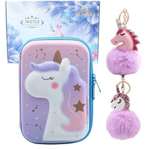hh family llama unicorn pencil case for girls hardtop zipper pouch with compartments and 2 pcs fur ball key chains (cute unicorn d)
