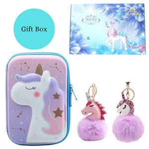 HH Family Llama Unicorn Pencil Case for Girls Hardtop Zipper Pouch with Compartments and 2 Pcs Fur Ball Key Chains (Cute Unicorn D)