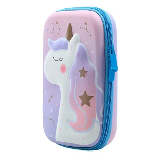 HH Family Llama Unicorn Pencil Case for Girls Hardtop Zipper Pouch with Compartments and 2 Pcs Fur Ball Key Chains (Cute Unicorn D)