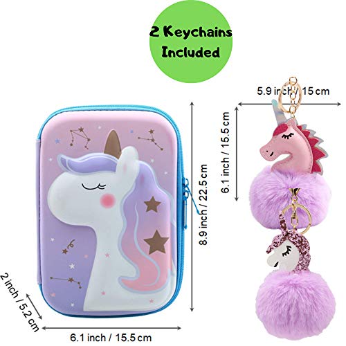 HH Family Llama Unicorn Pencil Case for Girls Hardtop Zipper Pouch with Compartments and 2 Pcs Fur Ball Key Chains (Cute Unicorn D)