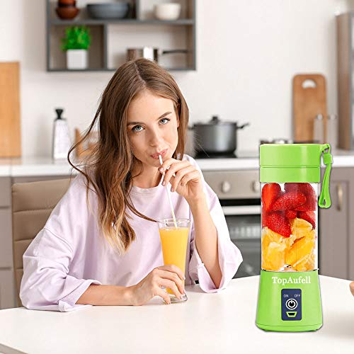 TopAufell Portable Blender,USB Rechargeable Personal Mixer,380ML Mini Blender for Fruit Smoothies and Milkshakes with Six Blades in 3D,Handheld Blender Suitable for Travel,Gym,Outdoor Sport(Green)