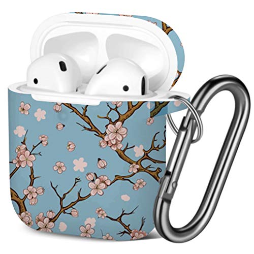 [ Compatible with AirPods 2 and 1 ] Shockproof Soft TPU Gel Case Cover with Keychain Carabiner for Apple AirPods (Cherry Blossom Sakura)