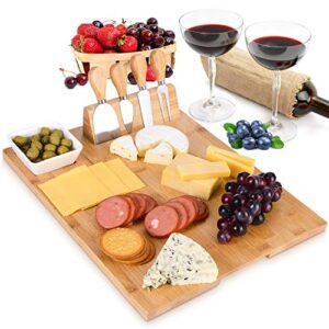 mh zone bamboo cheese board set (upgrade type 16" x 13") charcuterie board with 4 specialist stainless steel knife and ceramic dish, perfect christmas gifts for family, friend or lover