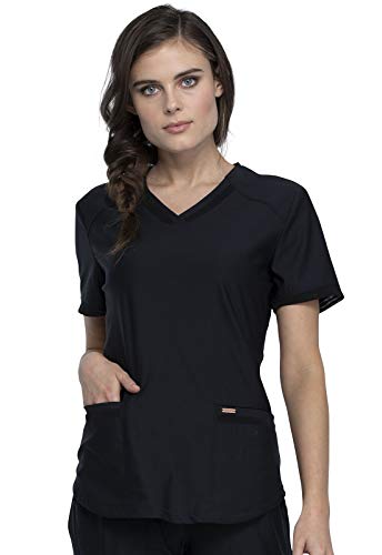 Form Scrubs for Women, Stretchy V-Neck Knit Scrub Top CK840, S, Black