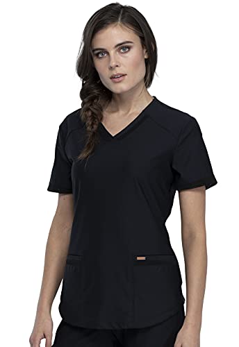 Form Scrubs for Women, Stretchy V-Neck Knit Scrub Top CK840, S, Black