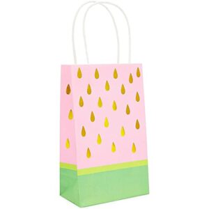 Watermelon Birthday Party Favor Gift Bags with Handles (9 x 5 x 3 in, Pink with Gold Foil)