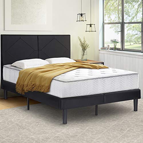 Olee Sleep Dura Metal Faux Leather Wood Diamond Slate Bed Frame, Queen, Black