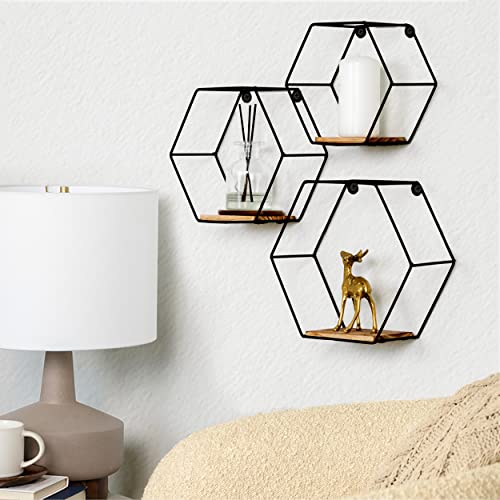 Greenco Geometric Hexagon Shaped Floating Shelves, Honeycomb Shelves, Home Decor, Metal Wire and Rustic Wood Wall Storage Shelves for Bedroom, Living Room, Bathroom, Kitchen and Office – Set of 3