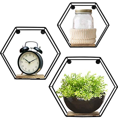 Greenco Geometric Hexagon Shaped Floating Shelves, Honeycomb Shelves, Home Decor, Metal Wire and Rustic Wood Wall Storage Shelves for Bedroom, Living Room, Bathroom, Kitchen and Office – Set of 3