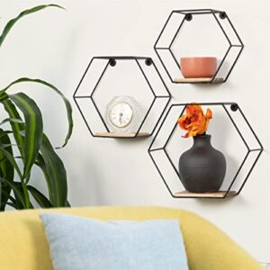 Greenco Geometric Hexagon Shaped Floating Shelves, Honeycomb Shelves, Home Decor, Metal Wire and Rustic Wood Wall Storage Shelves for Bedroom, Living Room, Bathroom, Kitchen and Office – Set of 3