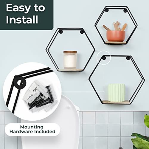 Greenco Geometric Hexagon Shaped Floating Shelves, Honeycomb Shelves, Home Decor, Metal Wire and Rustic Wood Wall Storage Shelves for Bedroom, Living Room, Bathroom, Kitchen and Office – Set of 3