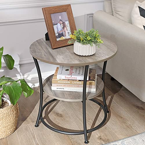 VASAGLE Side Table, Round End Table with 2 Shelves for Living Room, Bedroom, Small Table with Steel Frame for Smaller Spaces, Outdoor, Greige and Black