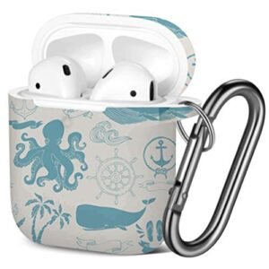 [ compatible with airpods 2 and 1 ] shockproof soft tpu gel case cover with keychain carabiner for apple airpods (ocean art nautical)
