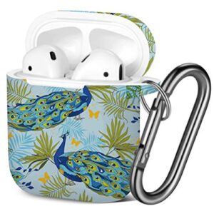 [ compatible with airpods 2 and 1 ] shockproof soft tpu gel case cover with keychain carabiner for apple airpods (beautiful peacocks palm)