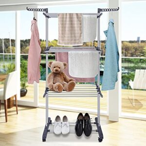 Bigzzia Clothes Drying Rack Folding Clothes Rail 3 Tier Clothes Horses Rack Stainless Steel Laundry Garment Dryer Stand with Two Side Wings Grey