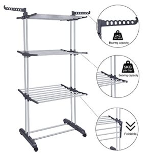 Bigzzia Clothes Drying Rack Folding Clothes Rail 3 Tier Clothes Horses Rack Stainless Steel Laundry Garment Dryer Stand with Two Side Wings Grey