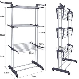 Bigzzia Clothes Drying Rack Folding Clothes Rail 3 Tier Clothes Horses Rack Stainless Steel Laundry Garment Dryer Stand with Two Side Wings Grey