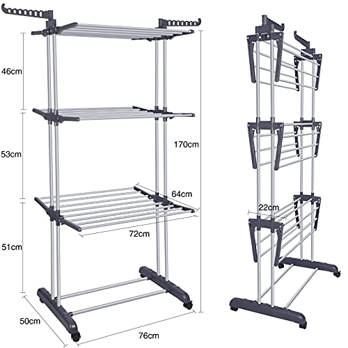 Bigzzia Clothes Drying Rack Folding Clothes Rail 3 Tier Clothes Horses Rack Stainless Steel Laundry Garment Dryer Stand with Two Side Wings Grey