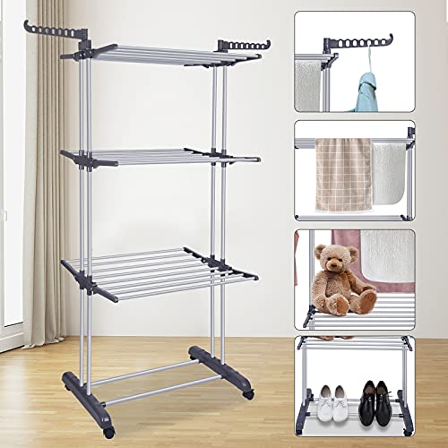 Bigzzia Clothes Drying Rack Folding Clothes Rail 3 Tier Clothes Horses Rack Stainless Steel Laundry Garment Dryer Stand with Two Side Wings Grey