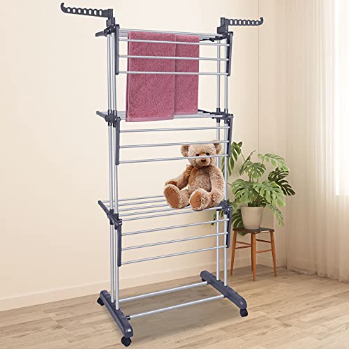 Bigzzia Clothes Drying Rack Folding Clothes Rail 3 Tier Clothes Horses Rack Stainless Steel Laundry Garment Dryer Stand with Two Side Wings Grey