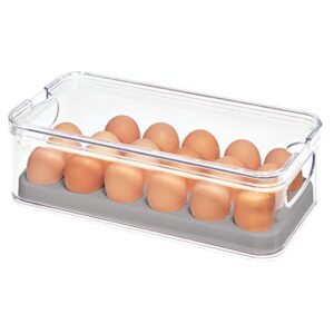 idesign 71653 crisp plastic refrigerator and pantry egg bin, modular stacking food storage box for freezer, fridge, holds up to 18 eggs, bpa free, 12.72" x 6.32" x 3.88", clear and gray