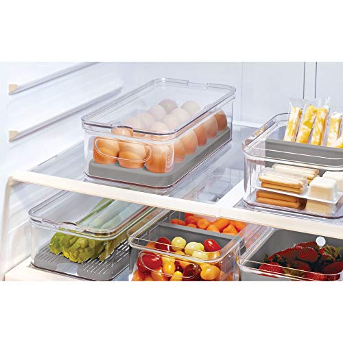 iDesign 71653 Crisp Plastic Refrigerator and Pantry Egg Bin, Modular Stacking Food Storage Box for Freezer, Fridge, Holds up to 18 Eggs, BPA Free, 12.72" x 6.32" x 3.88", Clear and Gray